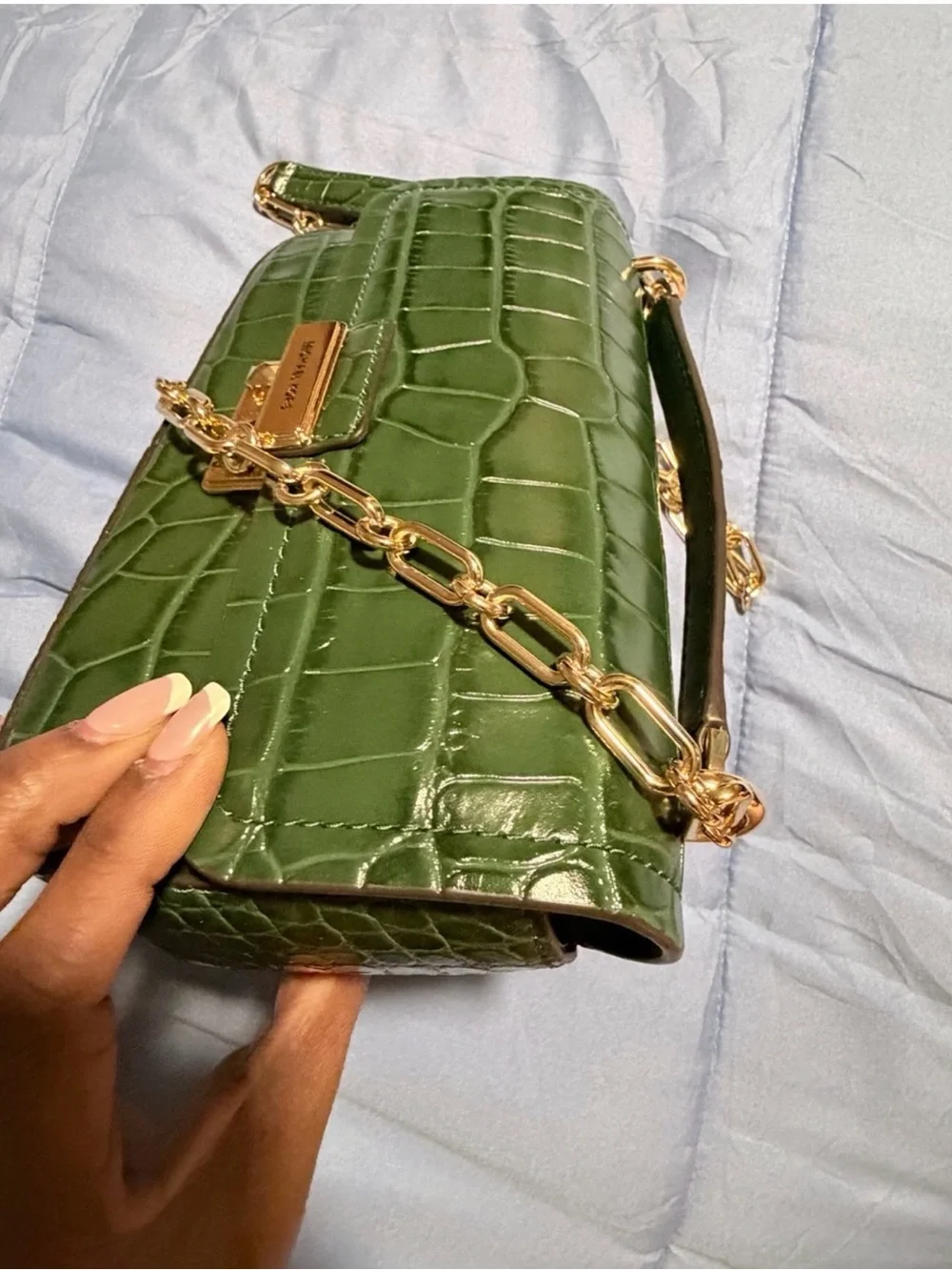 New Michael Kors Green Croc-Embossed Small Crossbody with Gold Chain